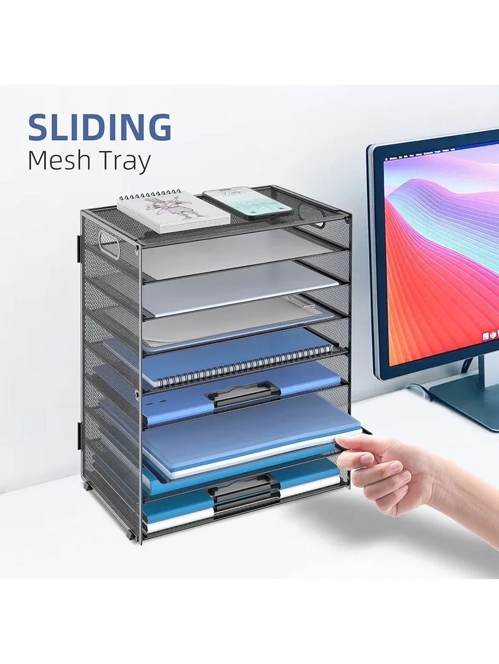 9-Tier Black Mesh Paper Organizer with Handles and Sliding Trays for Desk